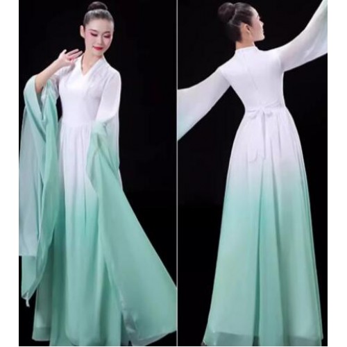 Water sleeves Chinese folk Classical dance dresses hanfu for women girls mint green gradient guzheng performance costumes fairy princess stage performance long skirts for female